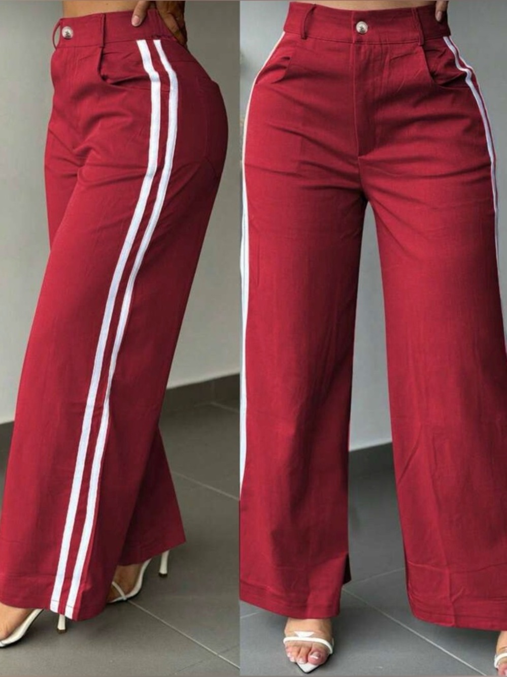 •Red Hot Wide Leg Pants• High Waist Side Stripe Trousers Sporty Chic Fit